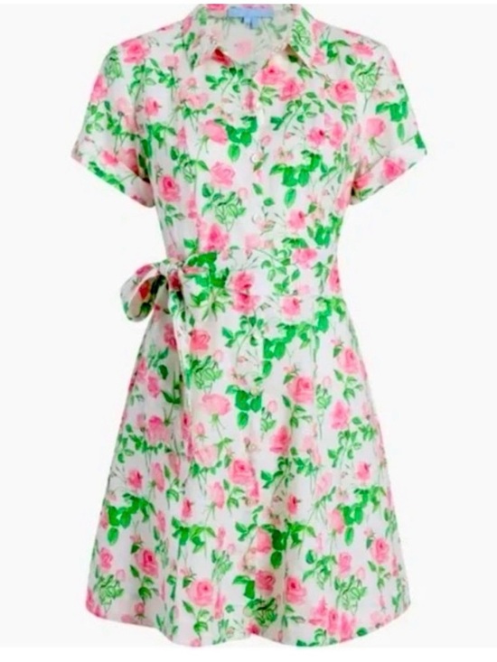 Hill House Dresses & Skirts - Hill House Laura Pink Rose Green Print Button-Up Linen Dress small